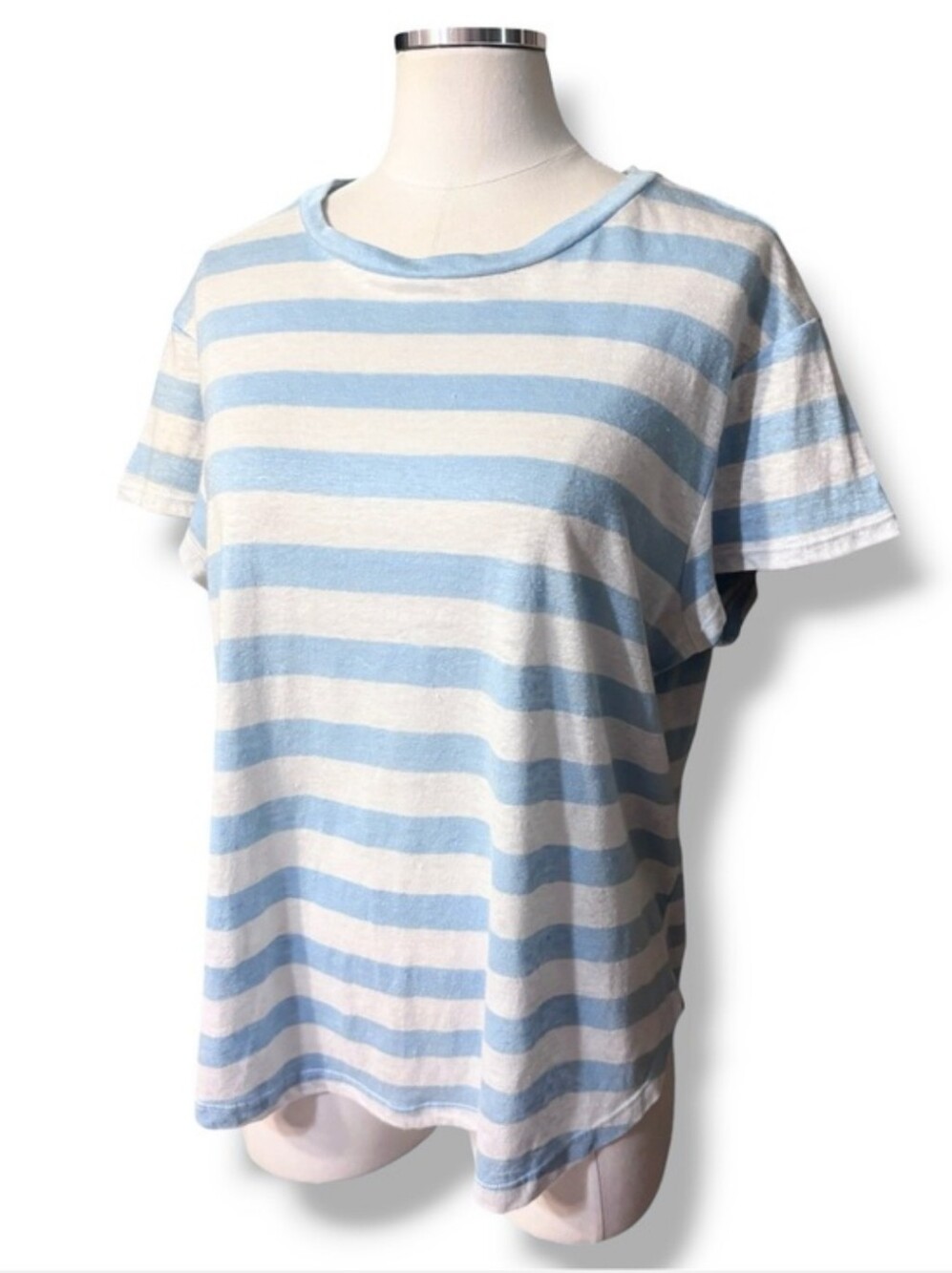 FRAME Blue & White Striped Linen T-Shirt Size Large